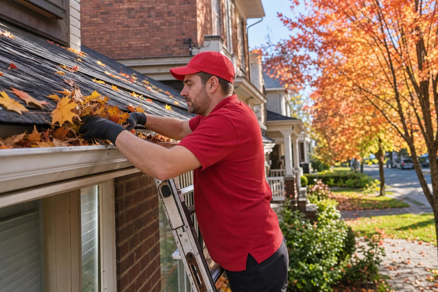 Handyman in a red uniform clearing autumn leaves from the eavestrough of a brick Toronto home