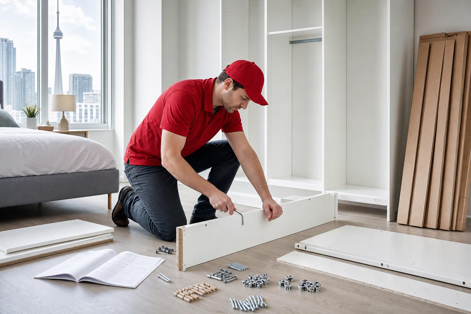 Handyman in a red uniform assembling flat-pack furniture in a bright Toronto bedroom, parts laid out on the floor