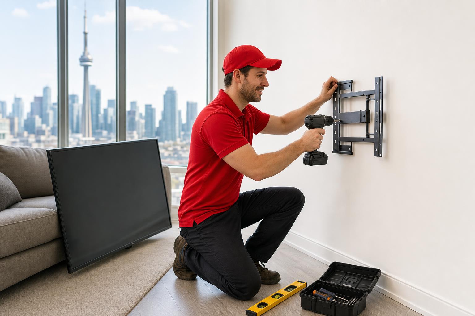 Handyman in a red uniform mounting a TV in a Toronto condo with the CN Tower visible through the window