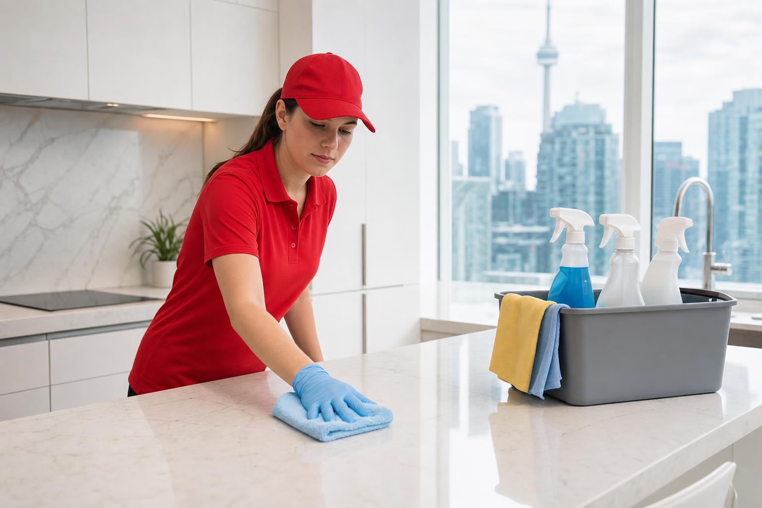Professional cleaner in a red uniform wiping a quartz counter in a bright Toronto condo kitchen with the skyline behind