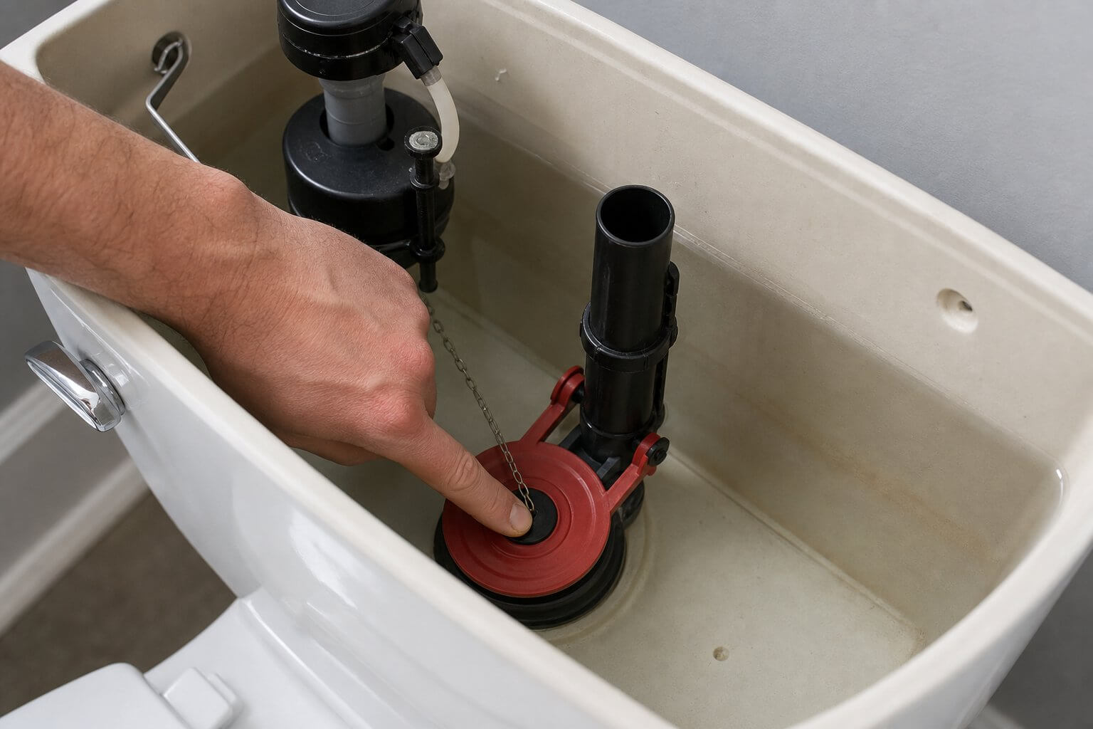 Hand pressing down on a toilet flapper to check whether it seats properly against the flush valve