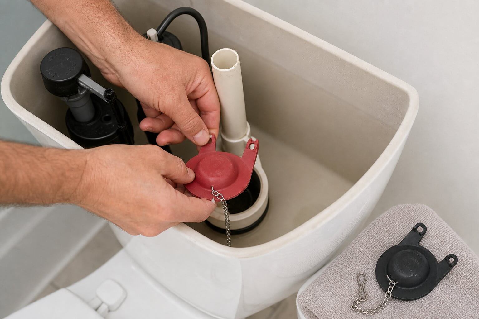 Hands removing an old toilet flapper from the flush valve seat to replace it