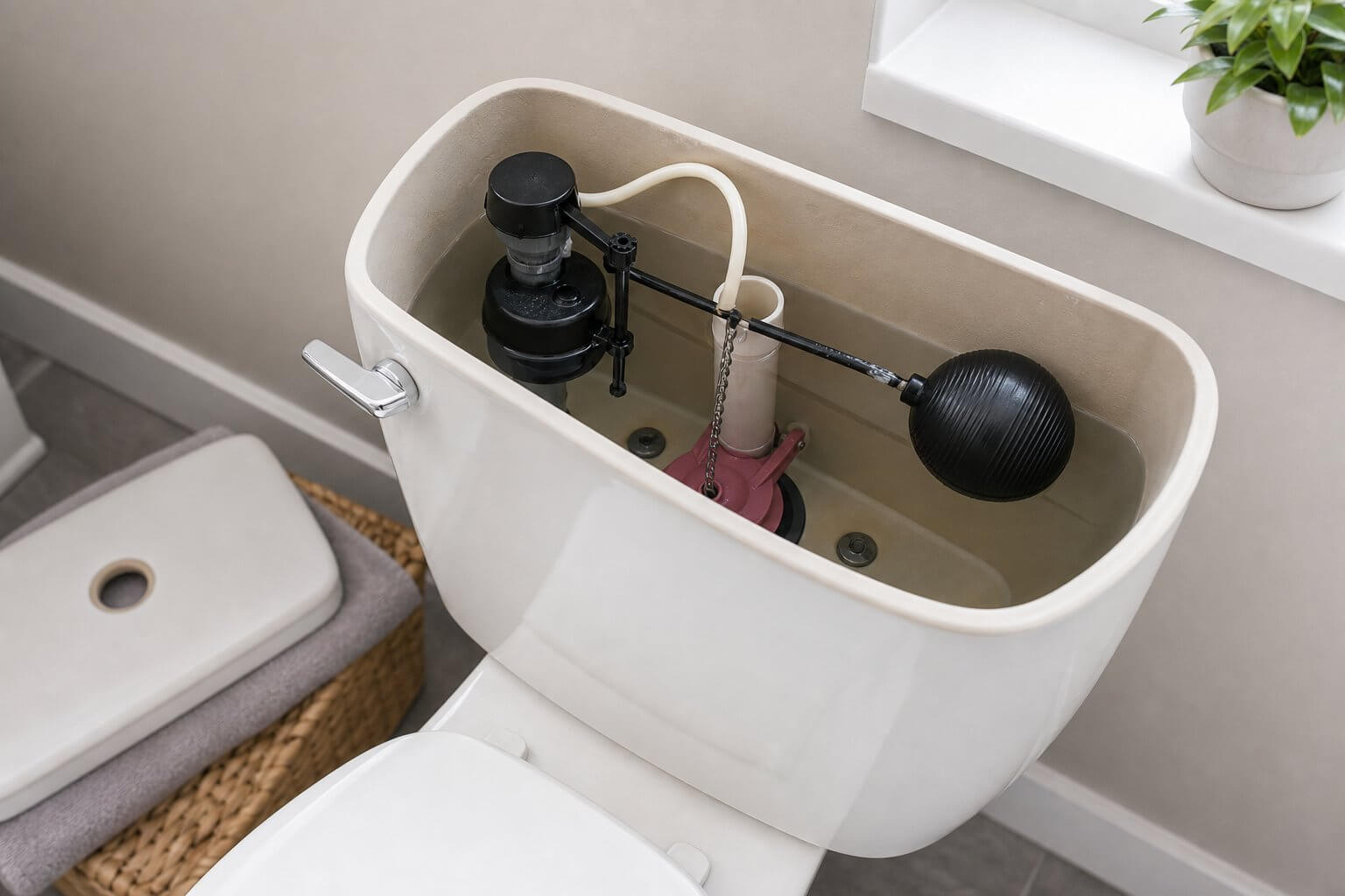 Open toilet tank showing the flapper, fill valve, and flush valve components