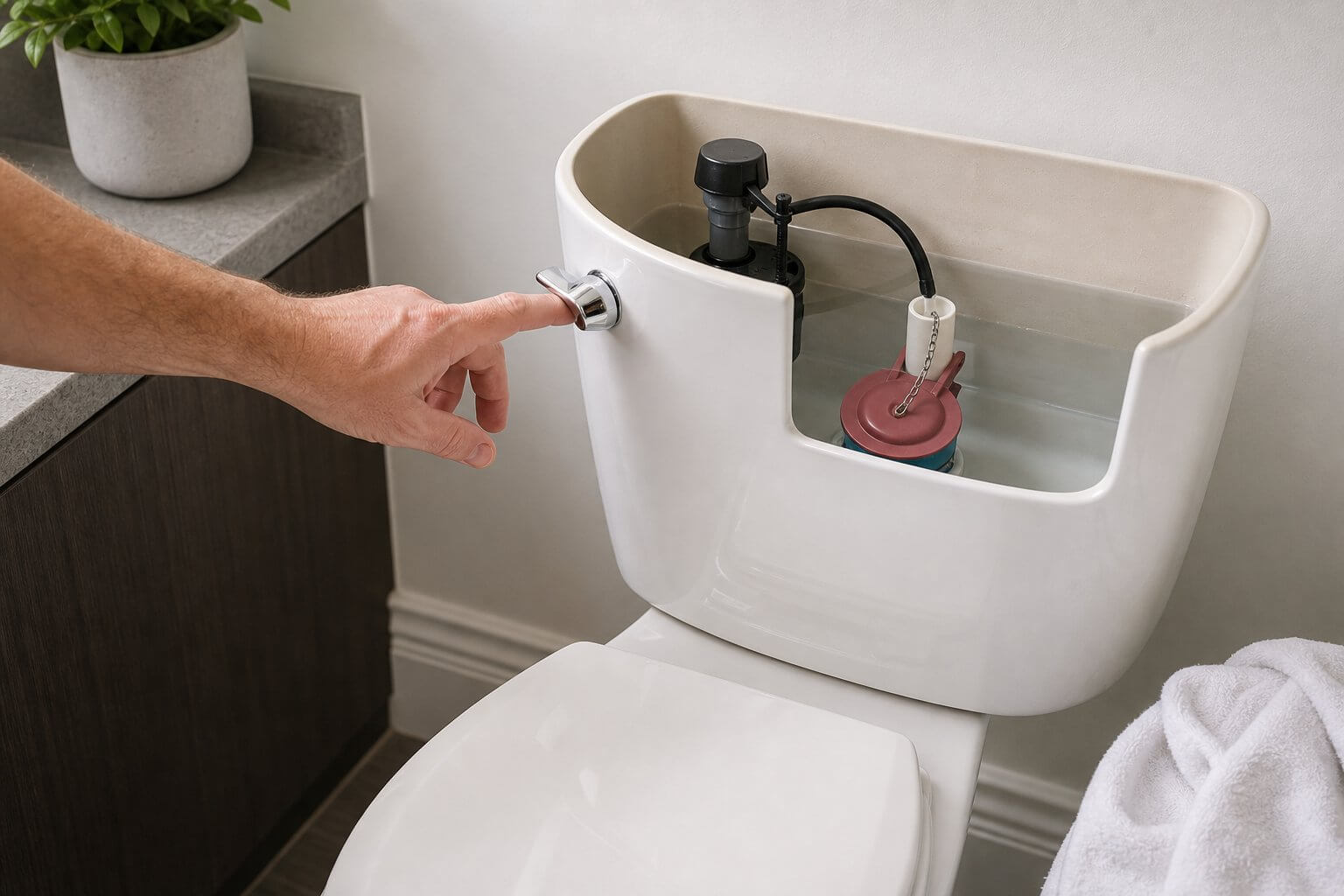 Toilet tank filled to the correct water level after a successful flapper and fill valve repair