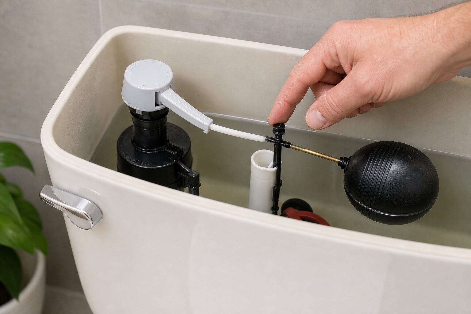 Toilet tank interior showing the fill valve and float mechanism that controls the water level