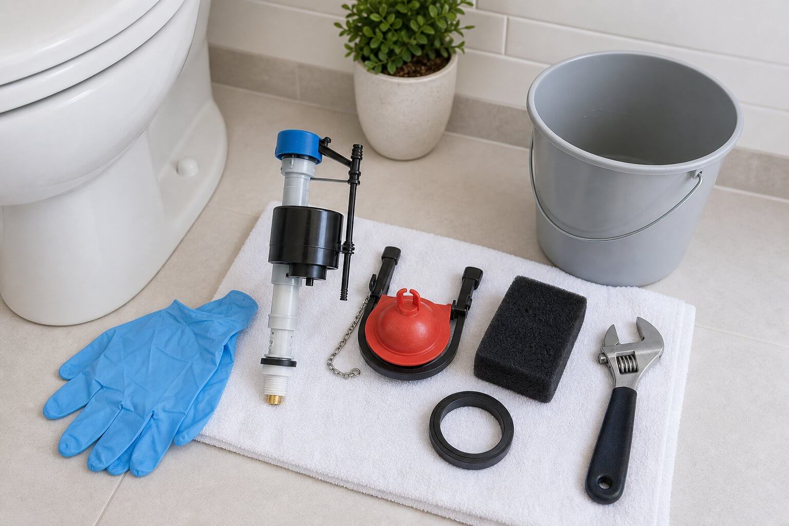 Toilet flapper, fill valve, and basic tools laid out on a towel before a repair