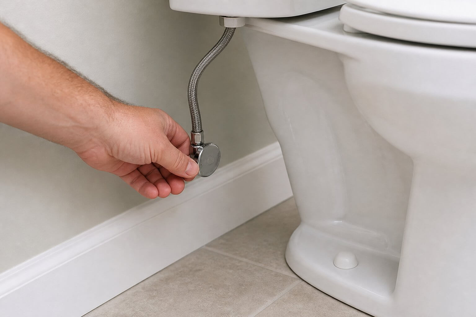 Hand turning the shutoff valve behind a toilet clockwise to stop the water supply