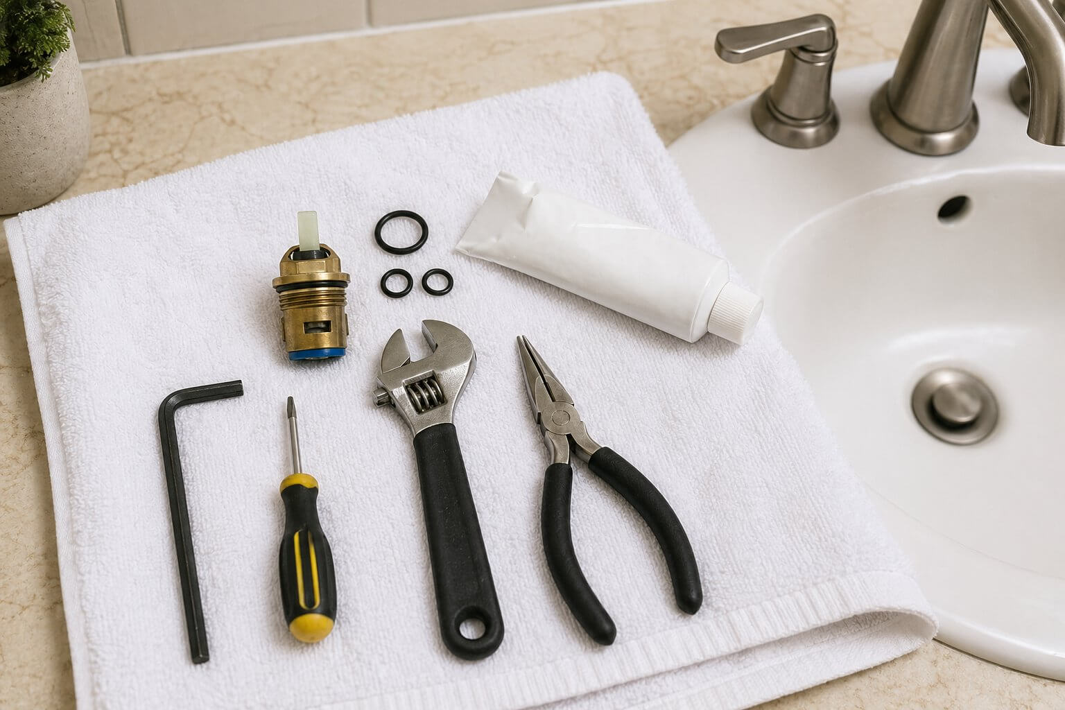 Faucet repair tools, O-rings, and replacement cartridge arranged on a towel