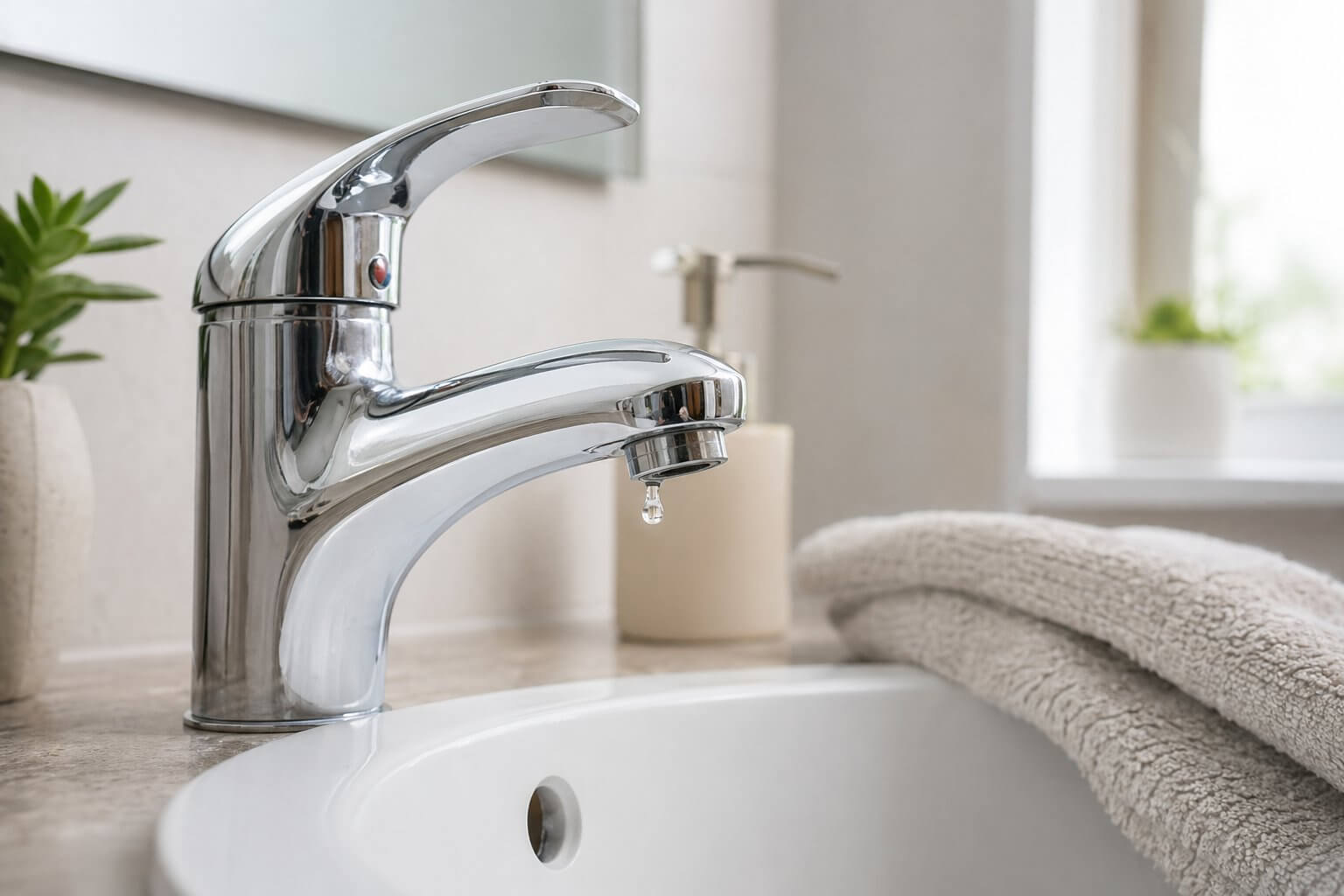 Close-up of a single-handle bathroom faucet with a visible water droplet
