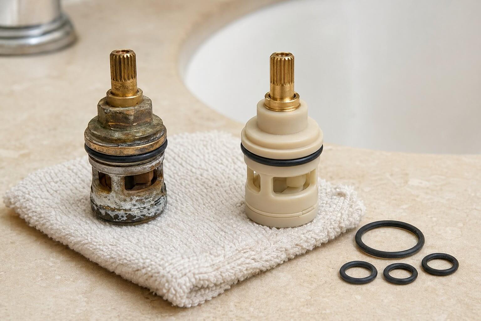 Old faucet cartridge beside a new replacement cartridge and O-rings on a towel