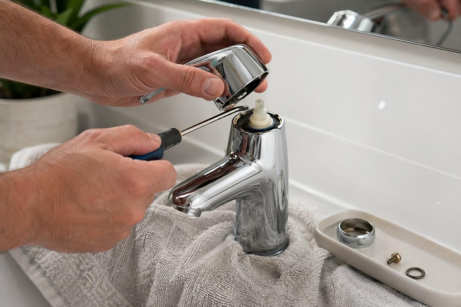 Close-up of a single-handle faucet handle being removed with a screwdriver