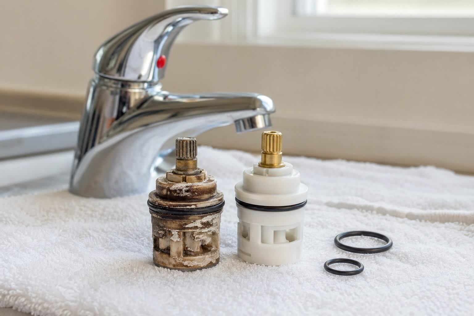 Replacement faucet cartridge and O-rings arranged on a towel before installation