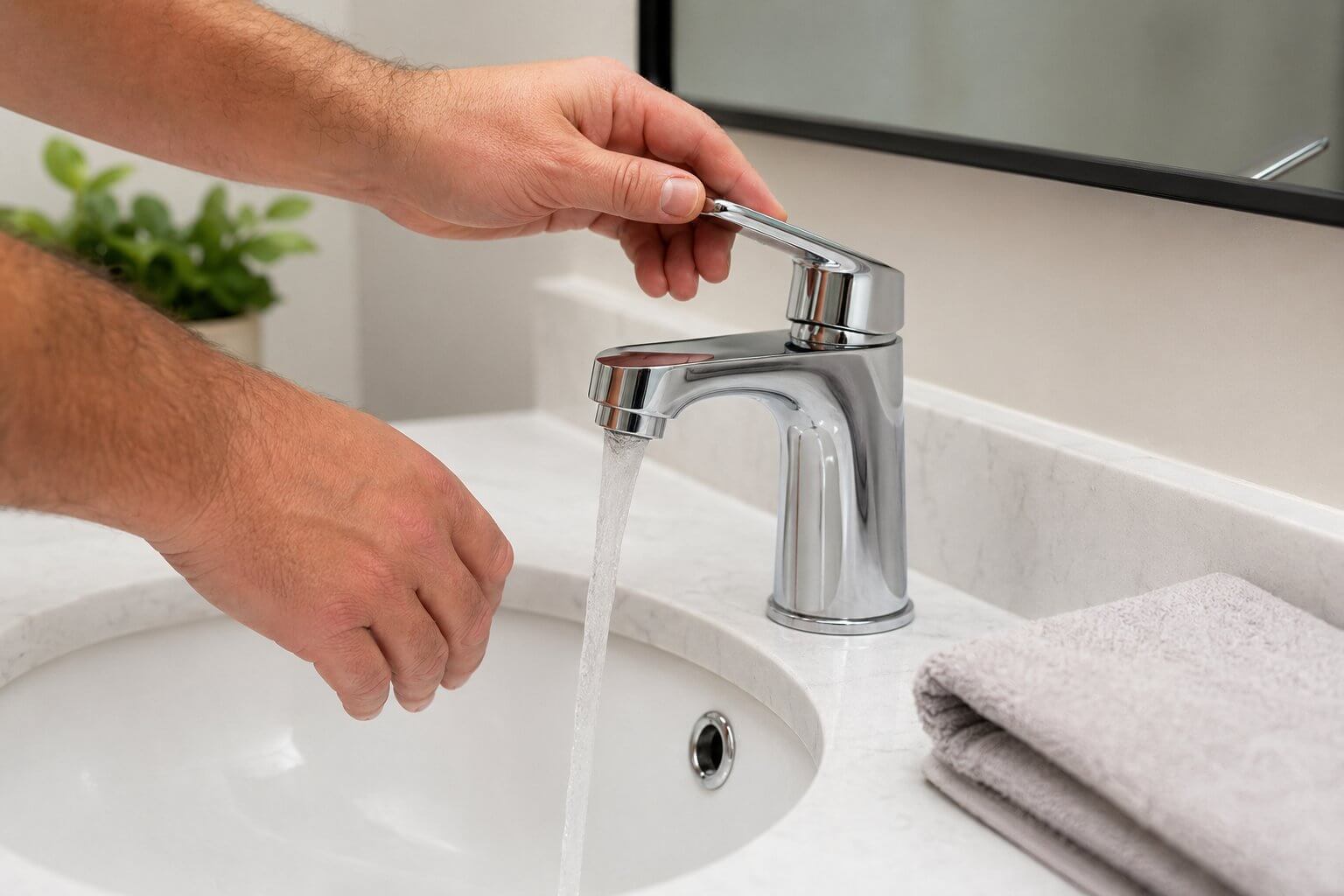 Hands testing a repaired single-handle bathroom faucet with water running