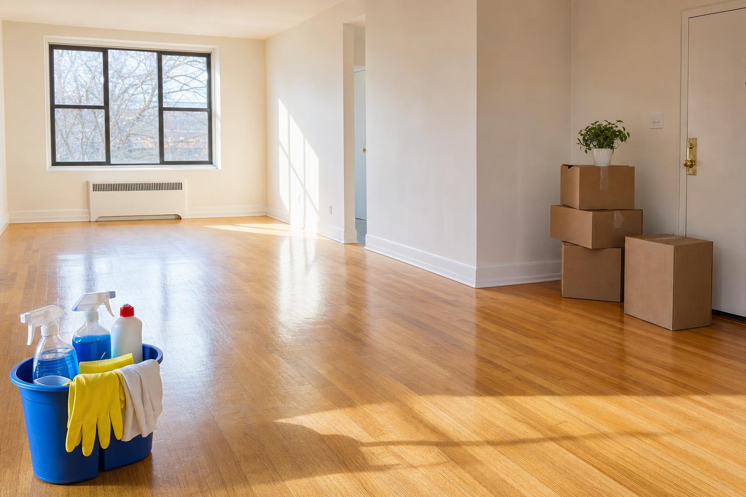 Bright empty apartment with gleaming hardwood floors, moving boxes by the door, and a bucket of cleaning supplies ready for a move-out clean