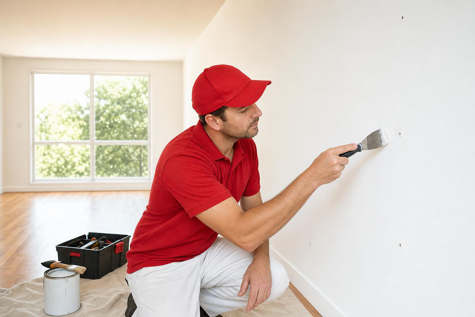 Handyman in a red uniform patching a wall in a bright empty rental unit between tenants
