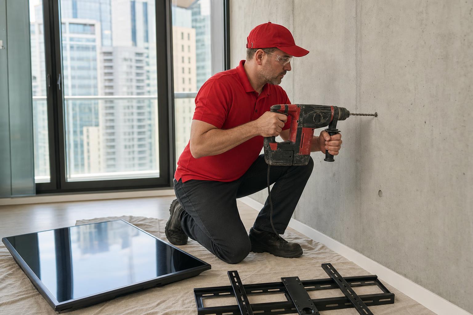 Handyman in a red uniform using a hammer drill on a condo wall, with a TV and mount ready nearby